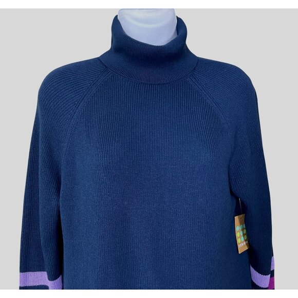 Title Nine Offsite Synergy Navy Turtleneck Striped Sleeve Knit Sweater S NWT - Picture 2 of 9